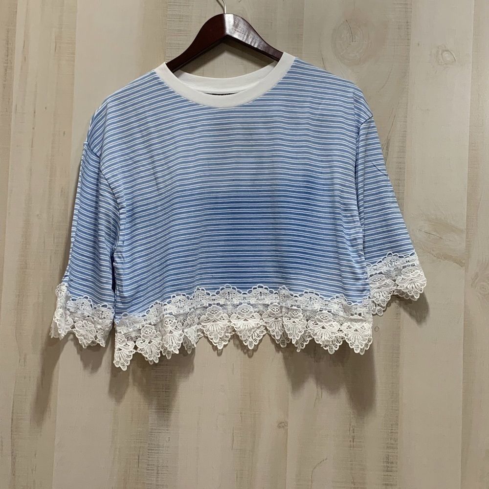 Top Shop Lace Trimmed Striped Shortie Top